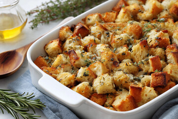 Stuffing in a rectangular baking dish, crisp herb crouton texture, rosemary and thyme sprigs nearby, bright even light, no branding