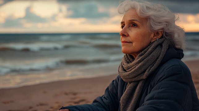 Elderly lady gazing out to sea
