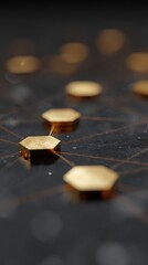 Futuristic concept of golden blockchain network, 3D data links and finance symbols,