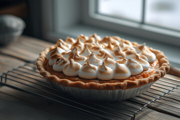 Sweet potato pie with toasted marshmallow topping, gentle browning, cooling rack on wooden table, soft window light, uncluttered composition