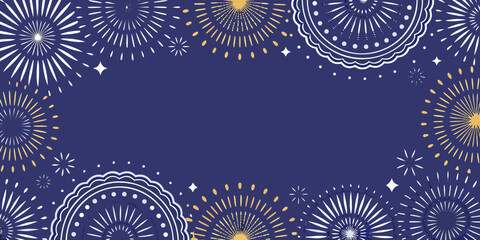 Festive fireworks and starbursts frame a deep blue background for celebrations
