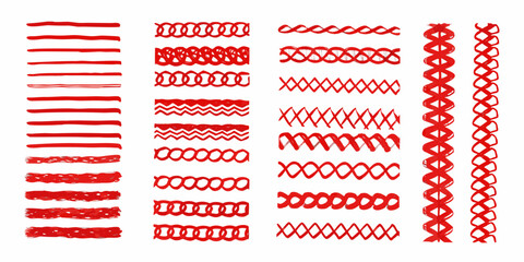 Collection of hand drawn red brush stroke lines and decorative borders on a white background