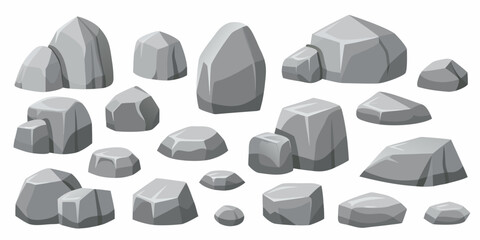 Collection of various gray cartoon stones and rocks in different shapes and sizes