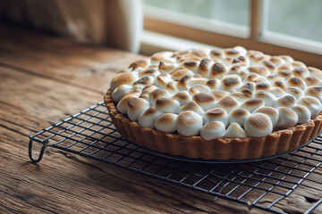 Sweet potato pie with toasted marshmallow topping, gentle browning, cooling rack on wooden table, soft window light, uncluttered composition