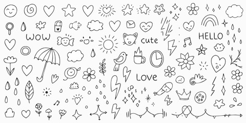 Collection of cute hand drawn doodle elements including hearts stars clouds sun and flowers
