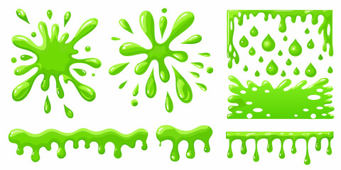 Collection of vibrant green slime splashes drips and blobs isolated on white background