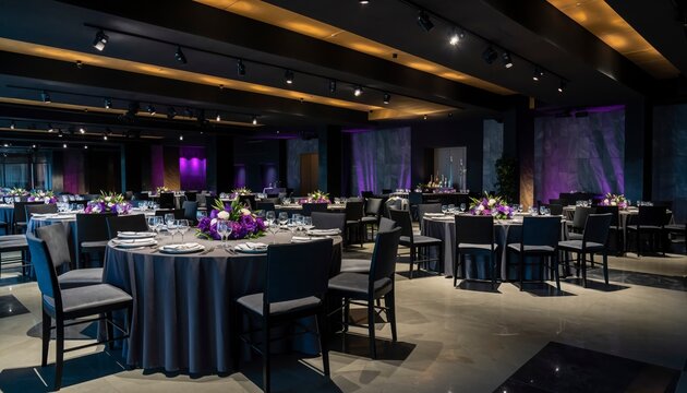 Elegant Venue with Prepared Tables: Capture the sophistication of a venue with round tables, draped in elegant cloths, ready for a special event. The low lighting casts shadows.