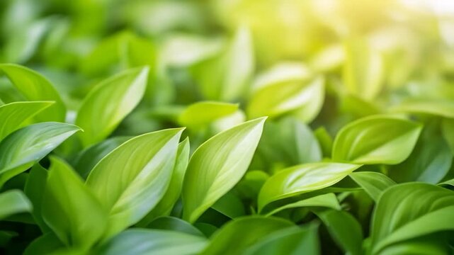 Vibrant green plant leaves illuminated by sunlight in natural outdoor environment