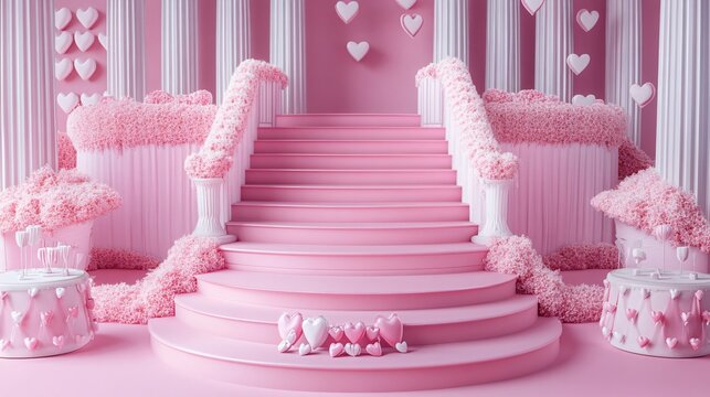 Elegant pink stairway and circular podiums