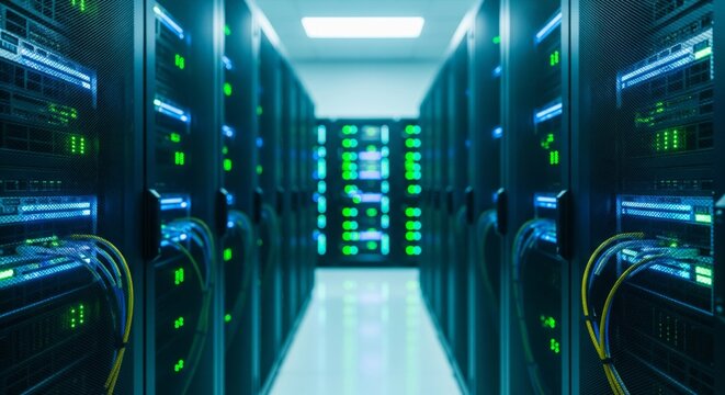 Blue Server Room Bokeh. modern data center or server room. Racks of servers with glowing blue and green LED lights. foreground and background are heavily blurred, leaving a clean space in the middle - Powered by Adobe