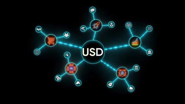 USD currency network with financial and technology icons on black background Keywords: USD, United States Dollar, currency, finance, economics, network, connection, technology, digital, global - Powered by Adobe