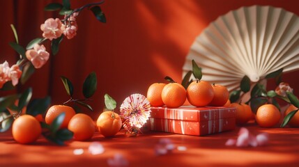 Vibrant tangerines and peach blossom on table