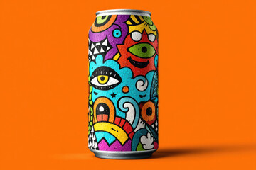 Pop art doodle craft can, vibrant street style illustration with eyes, cartoon geometric abstract label, creative summer beverage packaging, trendy bold branding, unique urban design