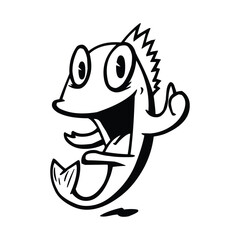 Cartoon illustration of a happy fish with big eyes and an open mouth on a white background