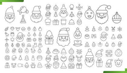 Collection of hand drawn christmas icons featuring santa claus snowmen and gifts