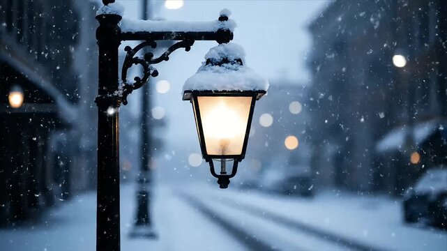 Beautiful winter snowfall on an old street lamp at night Glowing light illuminates falling snowflakes in a serene city scene creating a cozy and calm atmosphere