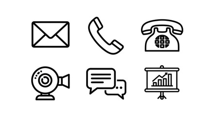 A collection of six communication icons including an envelope, a handset, a rotary phone, a webcam, chat bubbles, and a presentation screen.