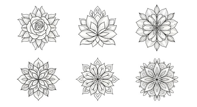 Six intricate black and white line art floral mandala designs, symmetrical and detailed, perfect for coloring or decorative patterns.
