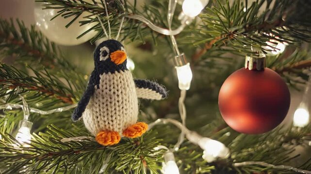 Handmade penguin ornament on a decorated Christmas tree. Christmas videos