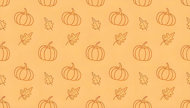 Orange line drawings of pumpkins and autumn leaves are scattered on a beige background creating a simple seasonal pattern that captures the feeling of fall and harvest