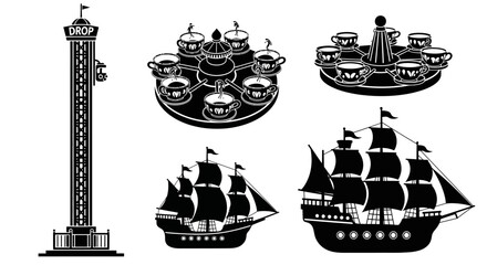 Obraz premium Amusement park rides: drop tower, teacups, pirate ships, black and white.