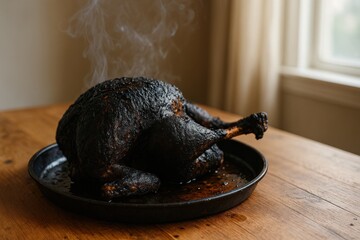 A burnt out turkey with Crispy Skin, resting on a Round Baking Tray in a Natural Light Setting