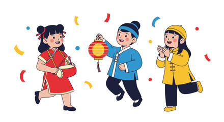 Joyful Chinese New Year Celebration Illustration Featuring Children in Traditional Attire, Lanterns, and Confetti, Ideal for Cultural Events, Greetings, and Festive Designs.
