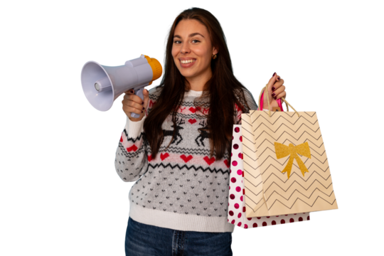 Woman holding megaphone and shopping bags, announcing christmas sale, transparent background