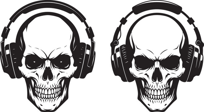 Two detailed skull silhouettes wearing large over ear headphones