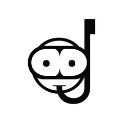 A cartoon face with large eyes and a snorkel in black and white on a stark white background view
