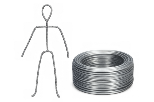 Wire human figure and coiled metal wire on a transparent background