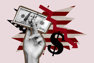 Trendy 3d poster artwork photo collage of human hand hold dollar banknote arrow regress statistics usa flag economy trade war