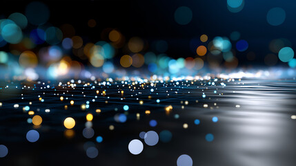 Defocused environment filled with floating pixels and glowing light dots suggesting active digital creation, with copy space.