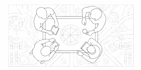 Top view of a diverse team collaborating around a table with blueprints and coffee