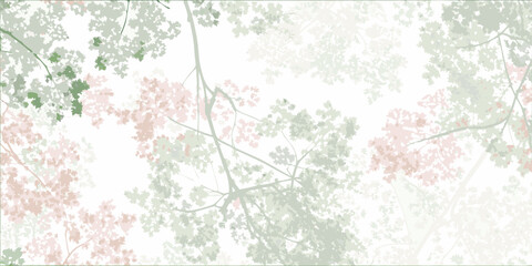 Softly blurring branches and leaves in pastel green and pink hues against a white background