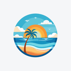 Fototapeta premium Tropical beach scene illustration inside a circle with palm tree and sunset