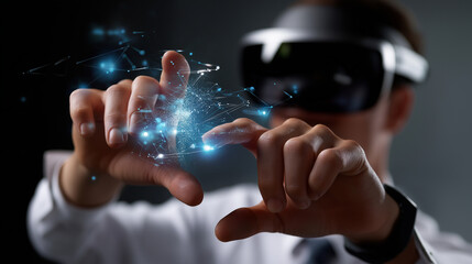 Close-up of hands manipulating virtual objects with defocused headset-wearing figure and sharp digital parts, with copy space