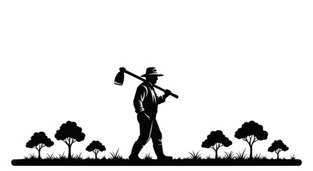 Silhouette of a farmer walking with a hoe across his shoulder.