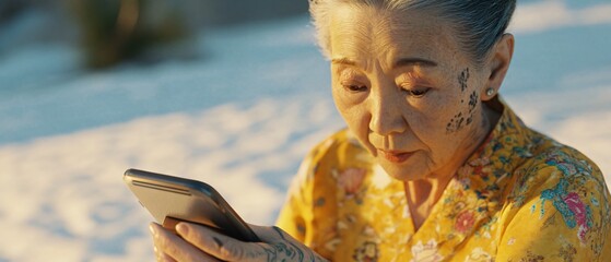 Elderly Asian lady with tattoo on phone