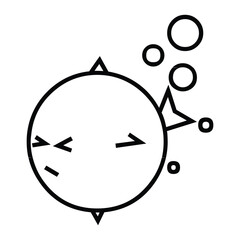 A simple black and white line drawing of a stylized creature with bubbles and geometric shapes around it
