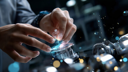 Anonymous student's hands interacting with defocused body and crystal clear holographic industrial parts visible, with copy space