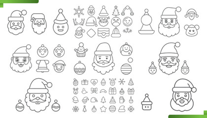 Collection of hand drawn christmas icons featuring santa claus faces and festive ornaments