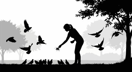 Silhouette of a woman feeding a flock of pigeons in a park.
