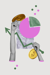 Sketch image artwork montage 3D photo collage of earnings bank currency cash finance business hand hold arrow graphics goal target charts