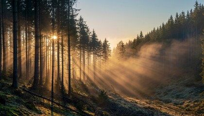 Morning sunlight shining through trees in misty forest