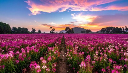 Beautiful flower field at sunset with colorful sky