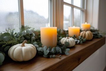 Thanksgiving mantel decor: evergreen and eucalyptus garland with small pumpkins, unscented candles unlit, matte wall, morning window light, uncluttered