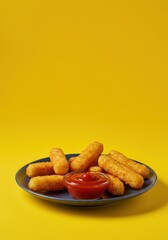 Fototapeta premium Crispy golden fried potato sticks served on a plate with dipping ketchup sauce, isolated against a bright, vibrant yellow background ,plate, color, overhead