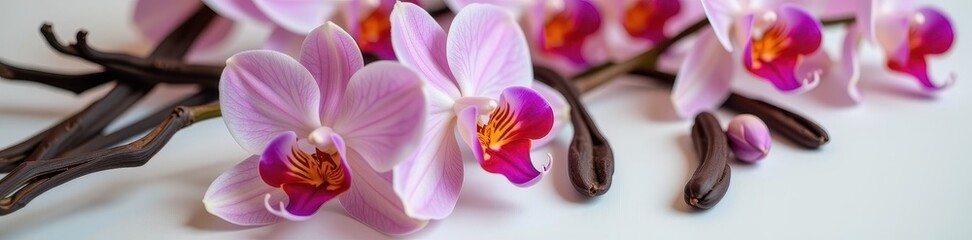 Delicate vanilla orchid blossoms and dried pods, evoking aroma and sweetness, vanilla bean, white, vanilla