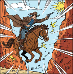 Dynamic comic book style illustration of a cowboy on horseback in a desert canyon firing a pistol